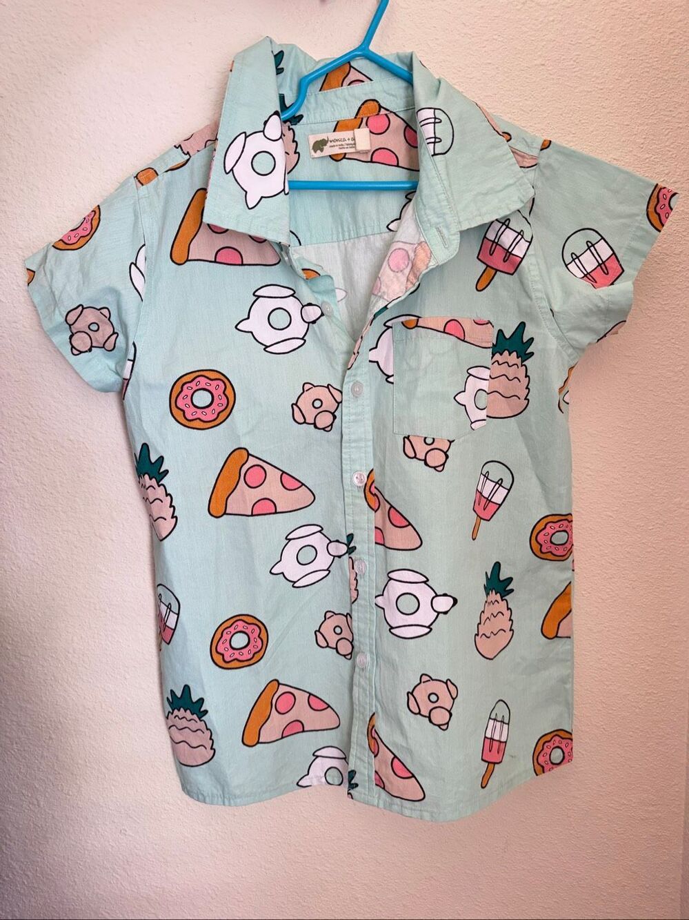 Monica & Andy 10 pizza fun retro simpsons style button up short sleeeve shirt do